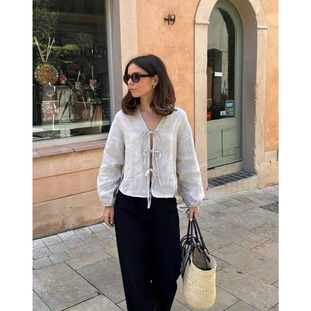 𝗠𝗮𝗿𝗶𝗮 𝘀𝗵𝗶𝗿𝘁 - |BEELY| - Áo Linen thắt nơ