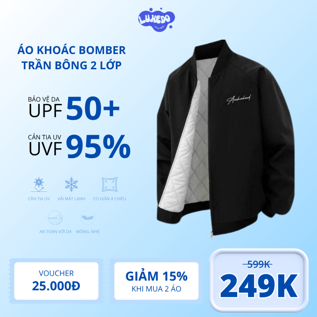 Áo khoác bomber dù 2 lớp trần bông bên trong trượt nước cản gió chống nắng unisex nam nữ 2025