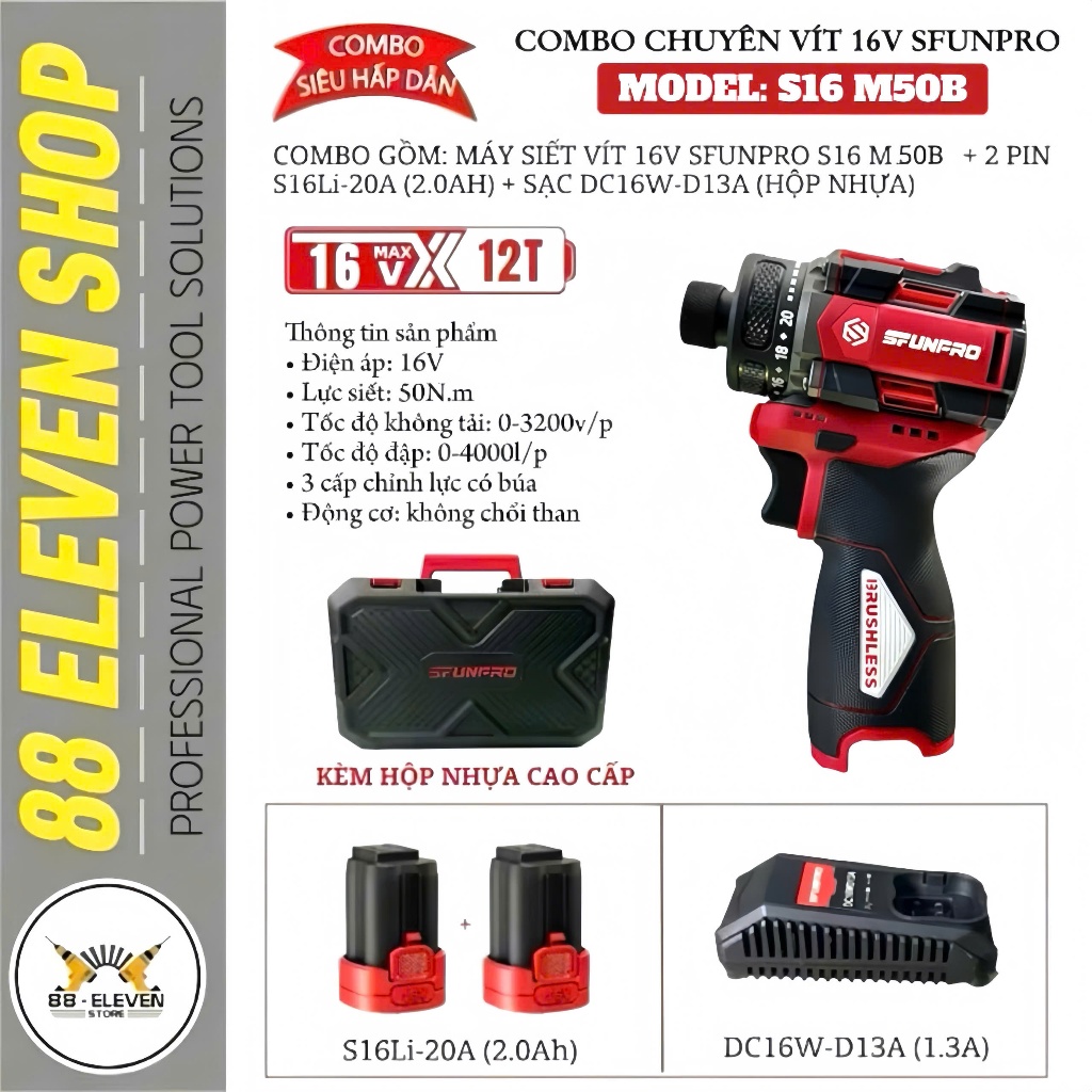 Combo Máy Vít Trượt 16V Sfunpro S16 M50B