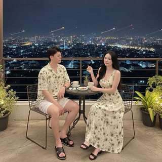 (Ưu đãi tháng 7) Set đôi đi biển in hoa 2 dây dáng xoè cho cặp đôi nam nữ