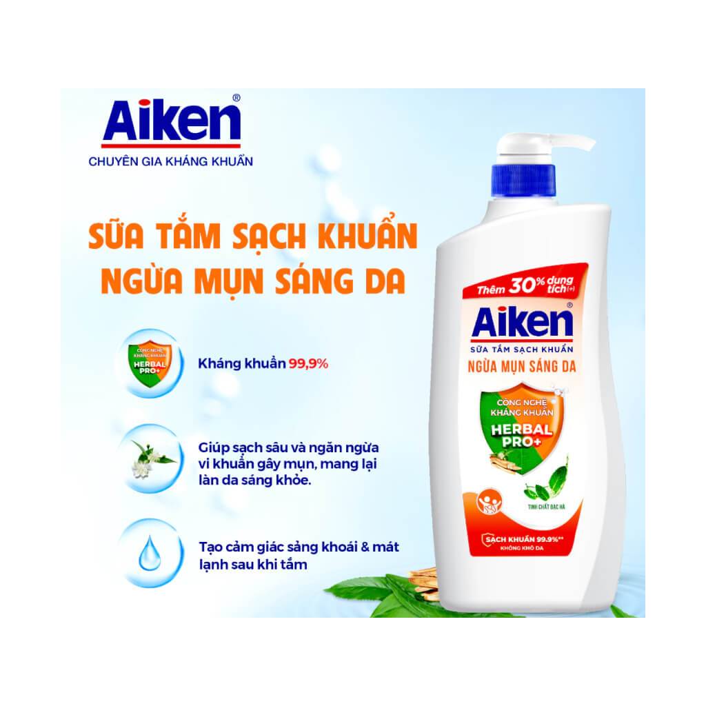 Sữa Tắm Sạch Khuẩn Aiken Ngừa Mụn Sáng Da chai 845g