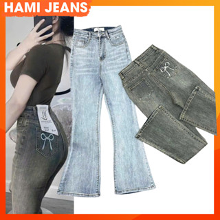  Quần jean nữ ống loe lỡ 90cm quần bò loe 9 tấc lưng cao co giãn túi thêu nơ siêu xinh 