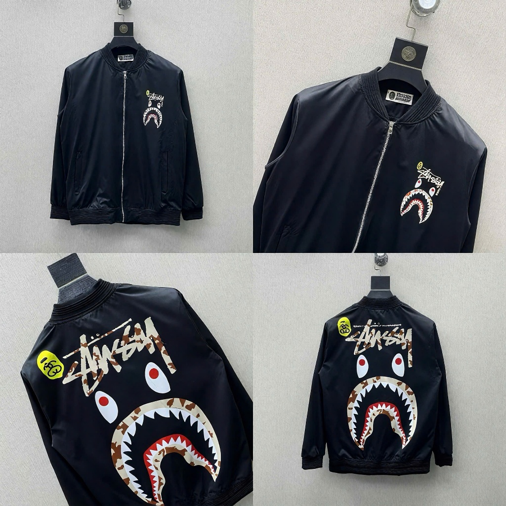 Áo khoác BaPe Cá Mập phối stussy hồng siêu đẹp-áo bomber BaPe Cá Mập hàng cao cấp 2 lớp chống gió tt