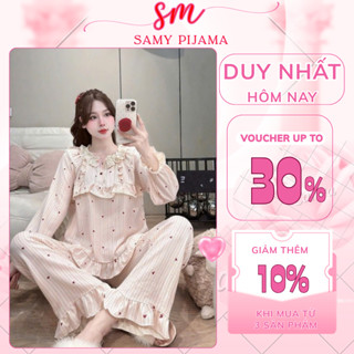  Bộ đồ mặc nhà tiểu thư dài tay,đồ ngủ pijama Samy thiết kế họa tiết cổ bèo phối ren 2 tầng chất đũi nhung size 40-58kg 