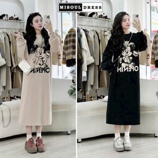  Đầm bầu nỉ bông mùa đông ấm dáp hình Micky dáng suông tay bo trẻ trung mặc trước và sau sinh freesize X157 