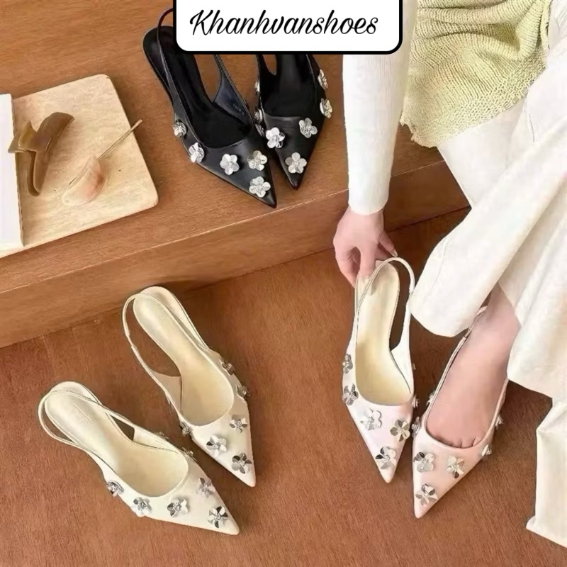 [D9] Giày cao gót 7p,9p KHANHVANSHOES ,Sục nữ đính hoa đá bling D10