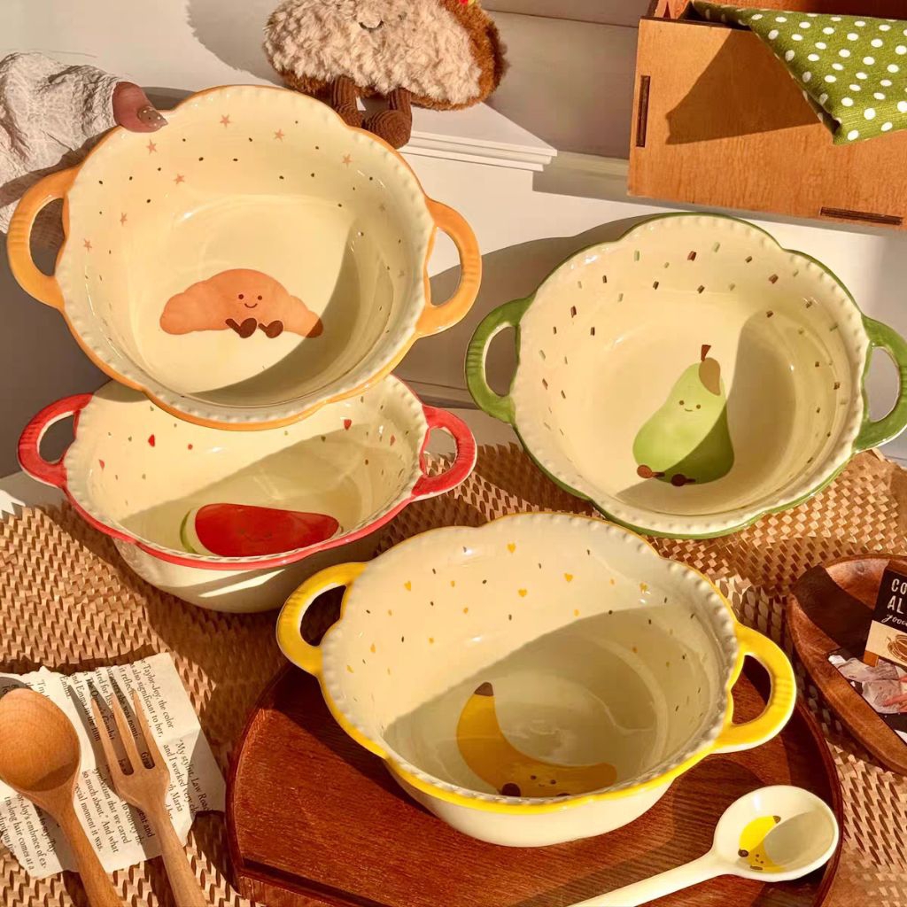 Bát Sứ/Tô Sứ Có Tay Cầm Họa Tiết Hoa Quả Cute - Bát Ăn Mì, Tô Ăn Dặm Cho Bé Viền Lượn Sóng