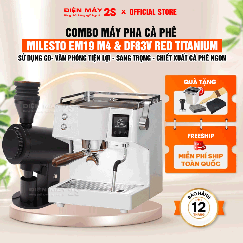 [HCM-Hoả Tốc] Combo Máy Pha Cà Phê Milesto EM19 M4 Và Máy Xay Cà Phê DF83V Lưỡi Dao Red Titanium 202