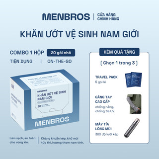 Khăn ướt vệ sinh nam giới Menbros - Giấy ướt hương nước hoa, làm sạch sâu, kháng khuẩn và bảo vệ vùng kín, hộp 20 gói