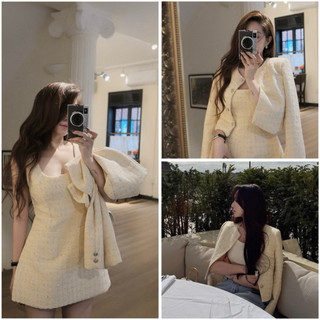  THE2001STORE | Set váy hai dây dáng ngắn mix áo khoác dạ Tweed đính kimsa bling bling 
