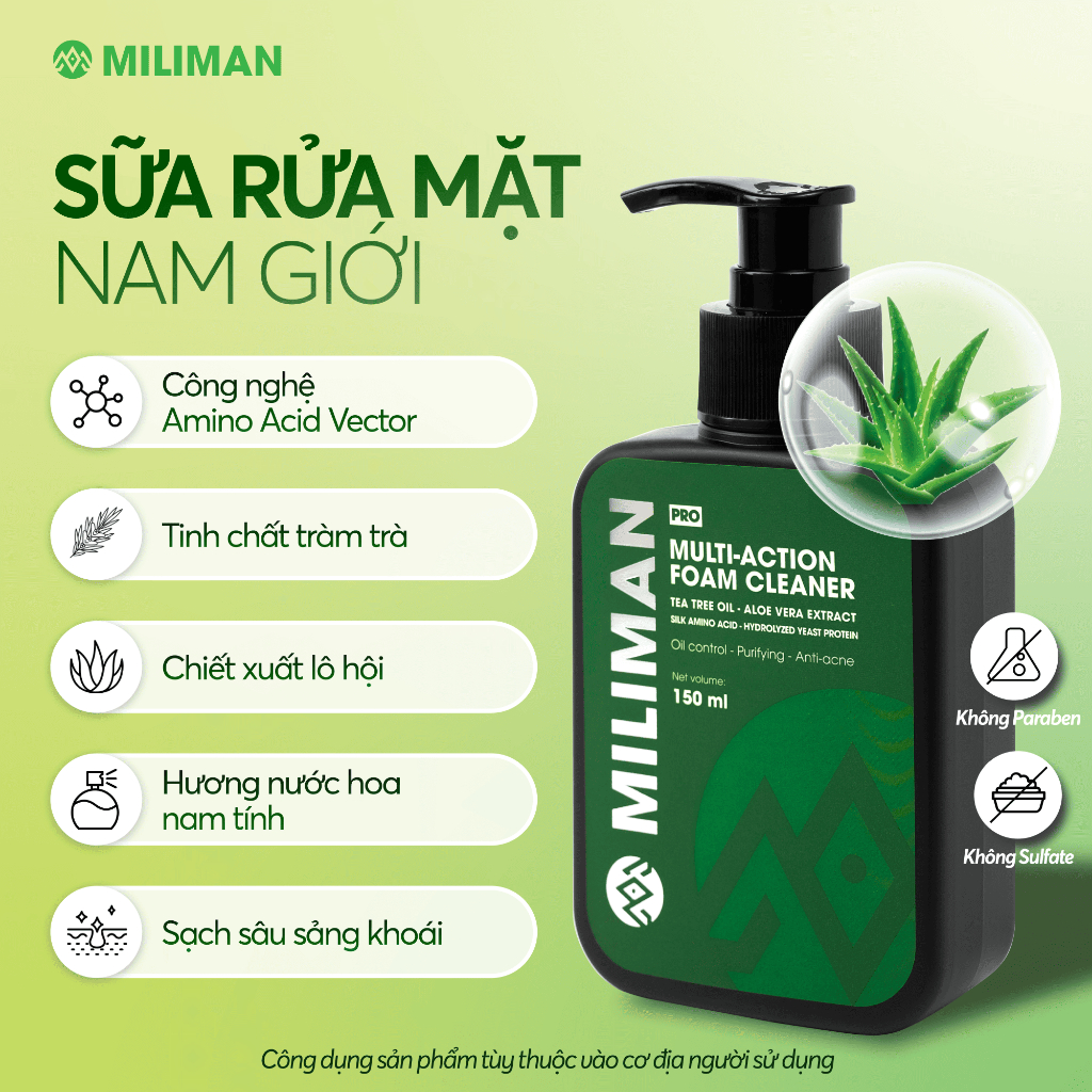 Sữa Rửa Mặt Nam Da Dầu MILIMAN 150ML - Giúp Làm Sạch Sâu, Hỗ Trợ Kiềm Dầu, Ngừa Mụn
