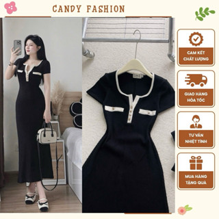  Đầm thun midi đen viền cổ tay ngắn dáng xòe thanh lịch mặc đi làm đi chơi dạo phố 