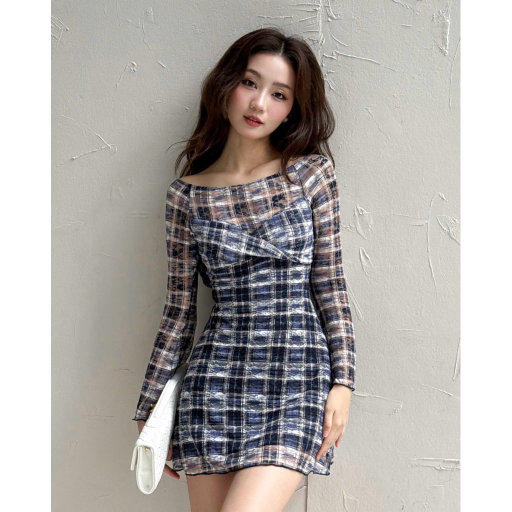 Đầm KIMIE - Đầm thun bẹt vai lưới xoắn nơ tay loe GOLA DESIGNS