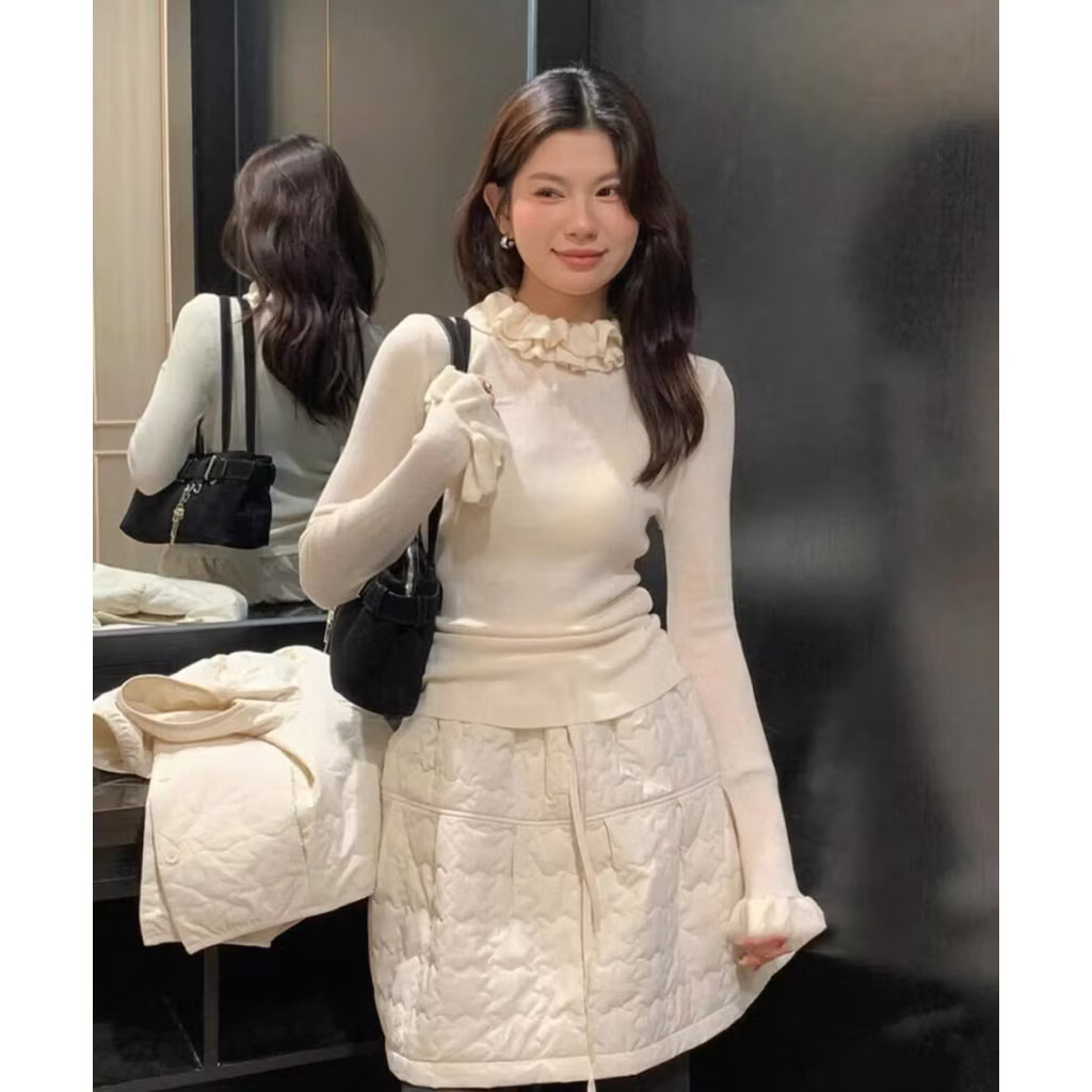 NAN Store - QC Áo len cổ bèo tầng ba phân dài tay bèo co giãn