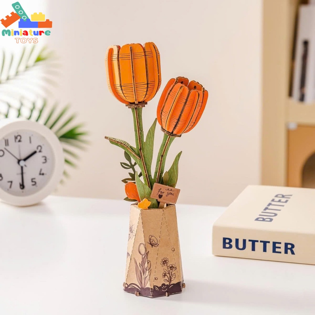 Mô hình hoa gỗ tự lắp ghép 3D DIY Robotime Rowood | Orange Tulip Wooden Flower Puzzle TW081