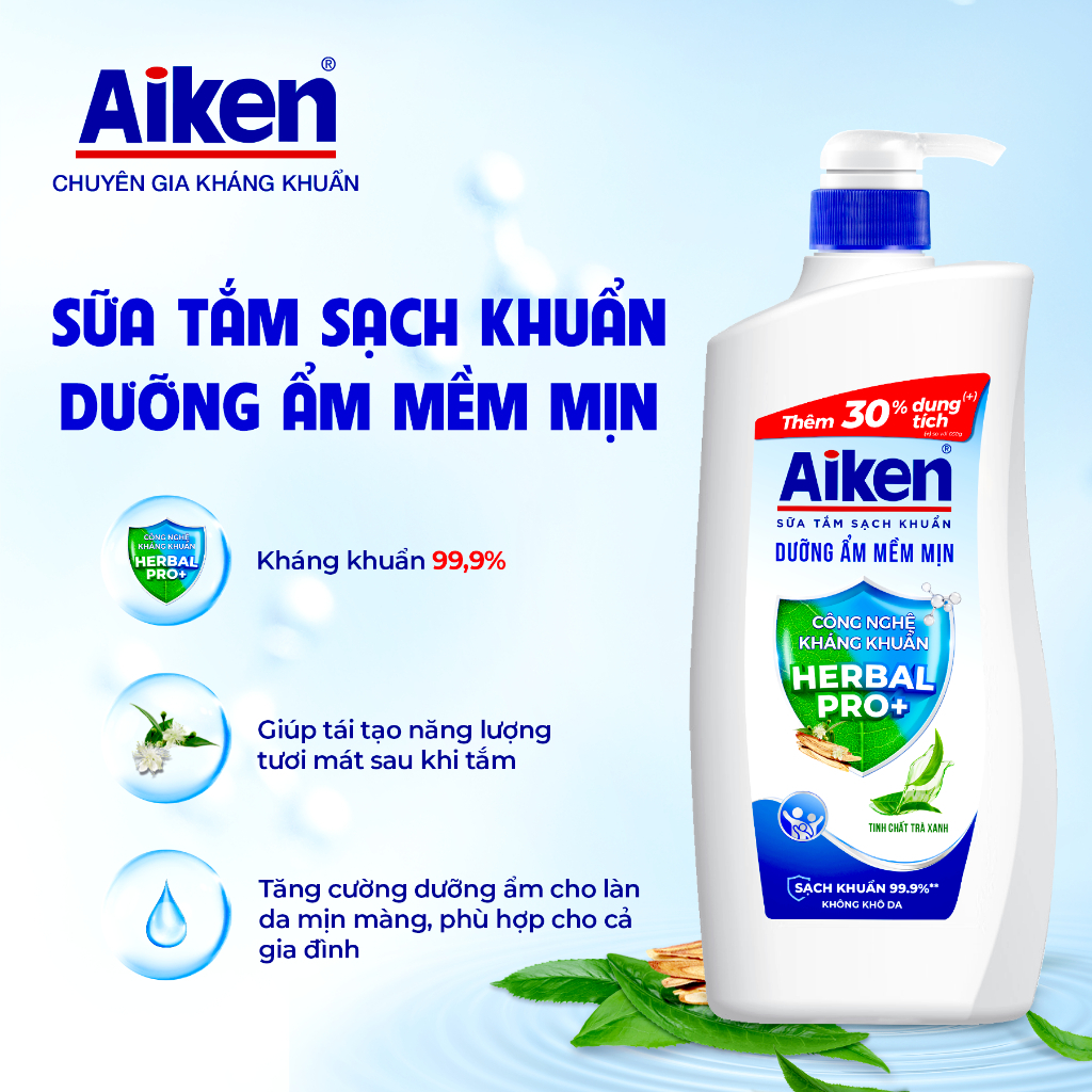 Sữa Tắm Sạch Khuẩn Aiken Dưỡng Ẩm Tinh Chất Trà Xanh chai 845g