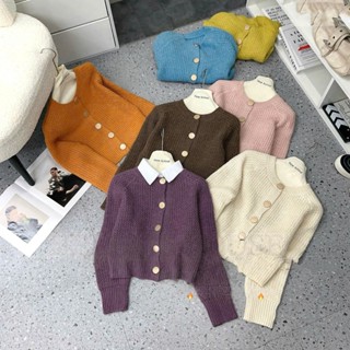  Áo len nữ đan sợi khuy đồng dài tay dáng ngắn mùa thu đông 