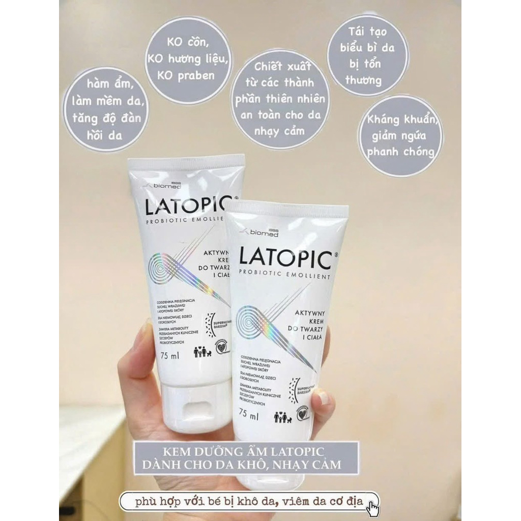 Kem dưỡng ẩm, dịu ngứa LATOPIC PROBIOTIC EMOLLIENT Active Face and Body Cream dành cho da dị ứng/kíc