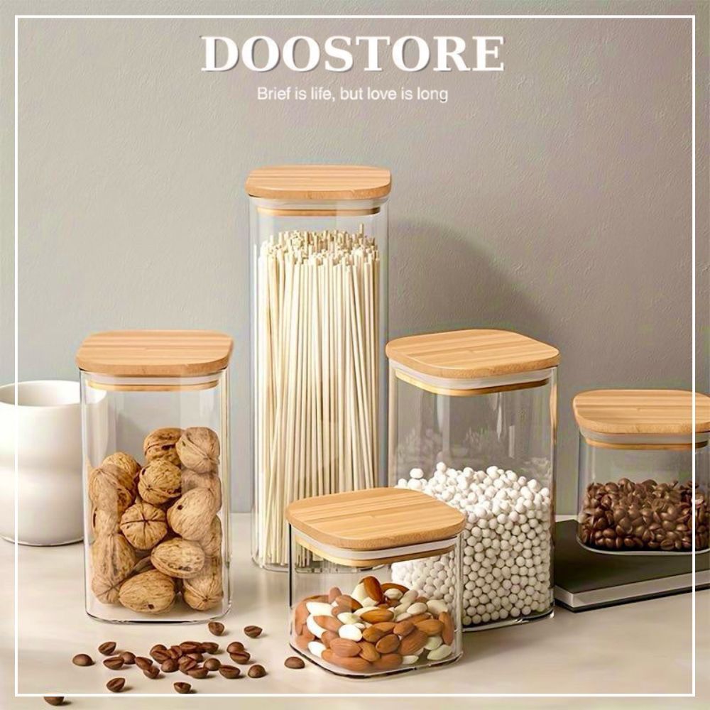 Hũ thuỷ tinh vuông nắp đậy kín, lọ thuỷ tinh nắp gỗ đựng thực phẩm, hộp thuỷ tinh đựng gia vị