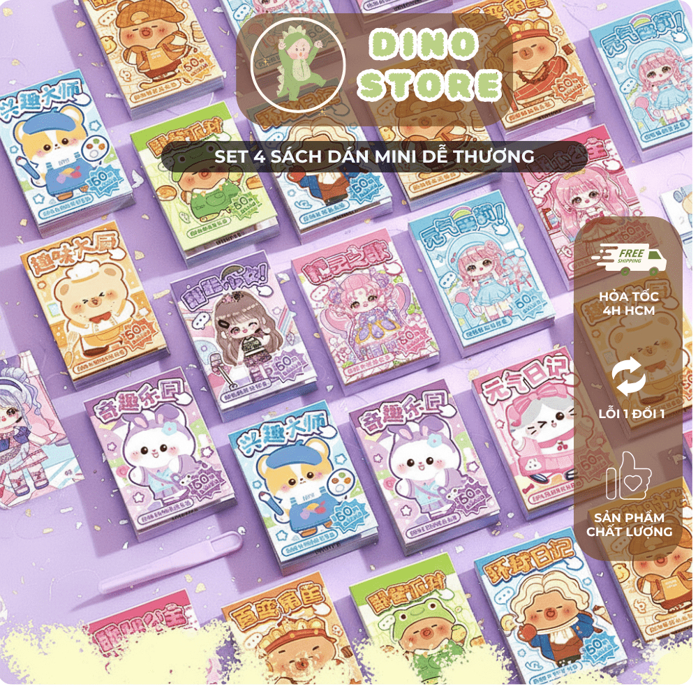 [TẶNG NHÍP GẮP] Set 4 Sách Dán Sticker Mini DINO STORE Dễ Thương – Sổ Sticker Mini 50 Hình Dán, Sổ T