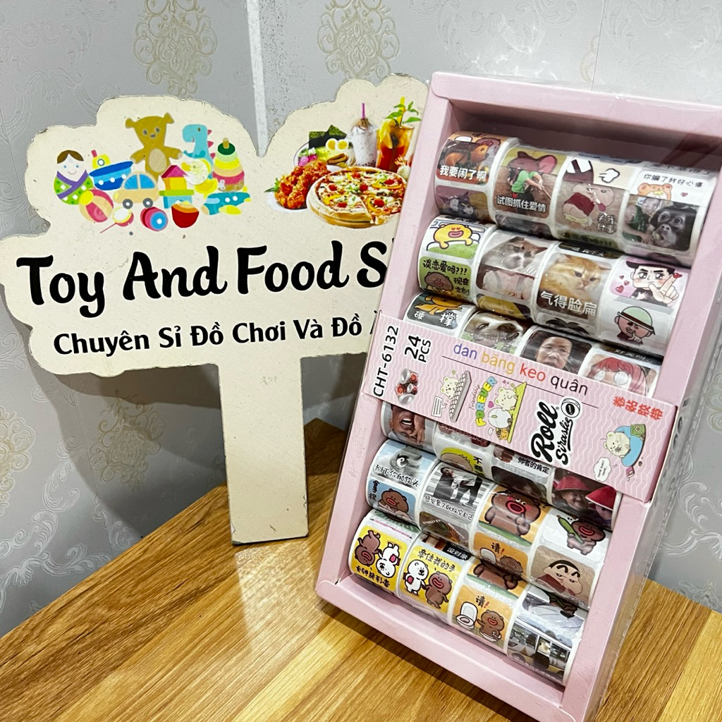 Khay 24 cuộn sticker chủ đề Meme-hoạt hình, hài hước(cuộn 50 miếng)