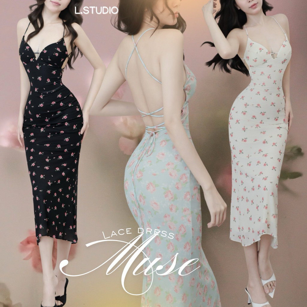 /𝙇.𝙎𝙩𝙪𝙙𝙞𝙤/MUSE -Đầm dài hở lưng đan dây. ngực V sâu SẴN MUSH quyến rũ, nữ tính. Form đuôi cá nhẹ