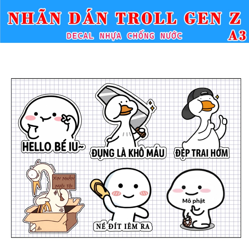 Decal Troll Gen Z Hài Hước Dán Xe,Oto Decal Nhựa Chống Nước Set 6 Tem Loại Tốt - Sticker Troll Gen Z