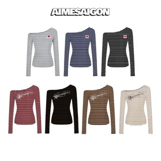  Aimesaigon ÁO THUN LỆCH VAI TAY DÀI HOẠ TIẾT KẺ SỌC ÔM BODY BASIC 