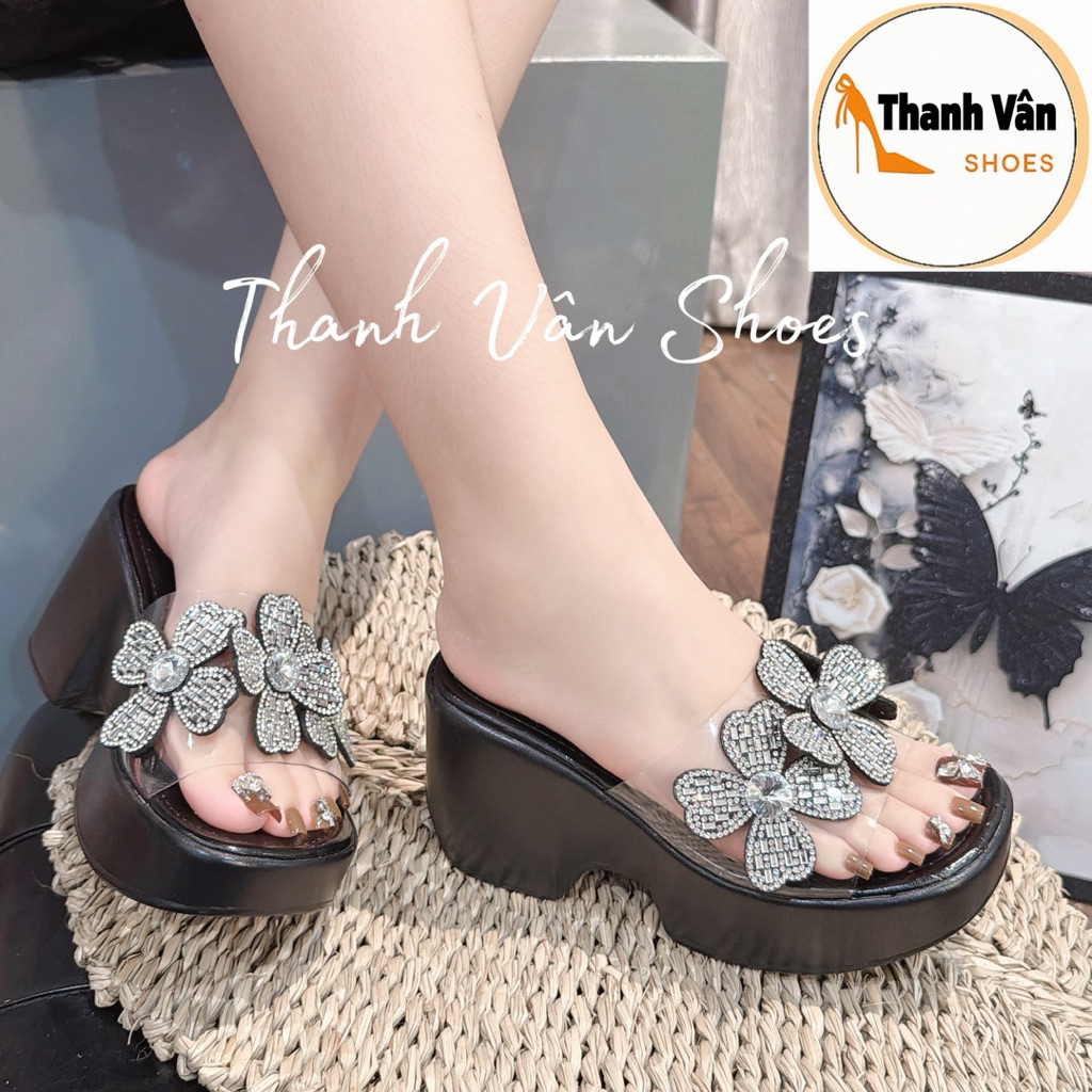 Dép xuồng quai trong phối bông đá cao 8 phân (D0388)