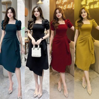  Bigsize Đầm Nữ Cổ Vuông Tay Nhún Xếp Ly Eo Chéo Tà Thanh Lịch 5 Màu A12 