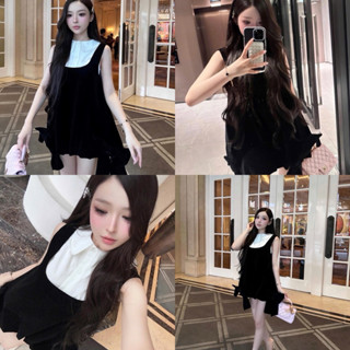   S2.4208  Set Yếm Nhung 2 Lớp Đính Nơ Mix Áo Sơmi Cổ Sen Pha Ren Sát Nách 