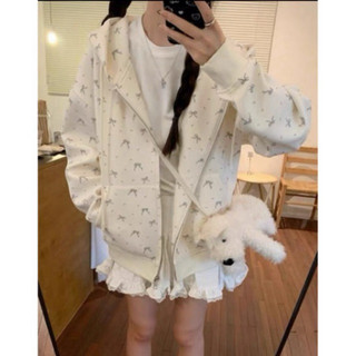  Áo Khoác Nỉ Hình In Nơ Dễ Thương Form Rộng Áo Hoodie Có Mũ Áo Trùm Đầu Phong Cách Hàn Quốc 