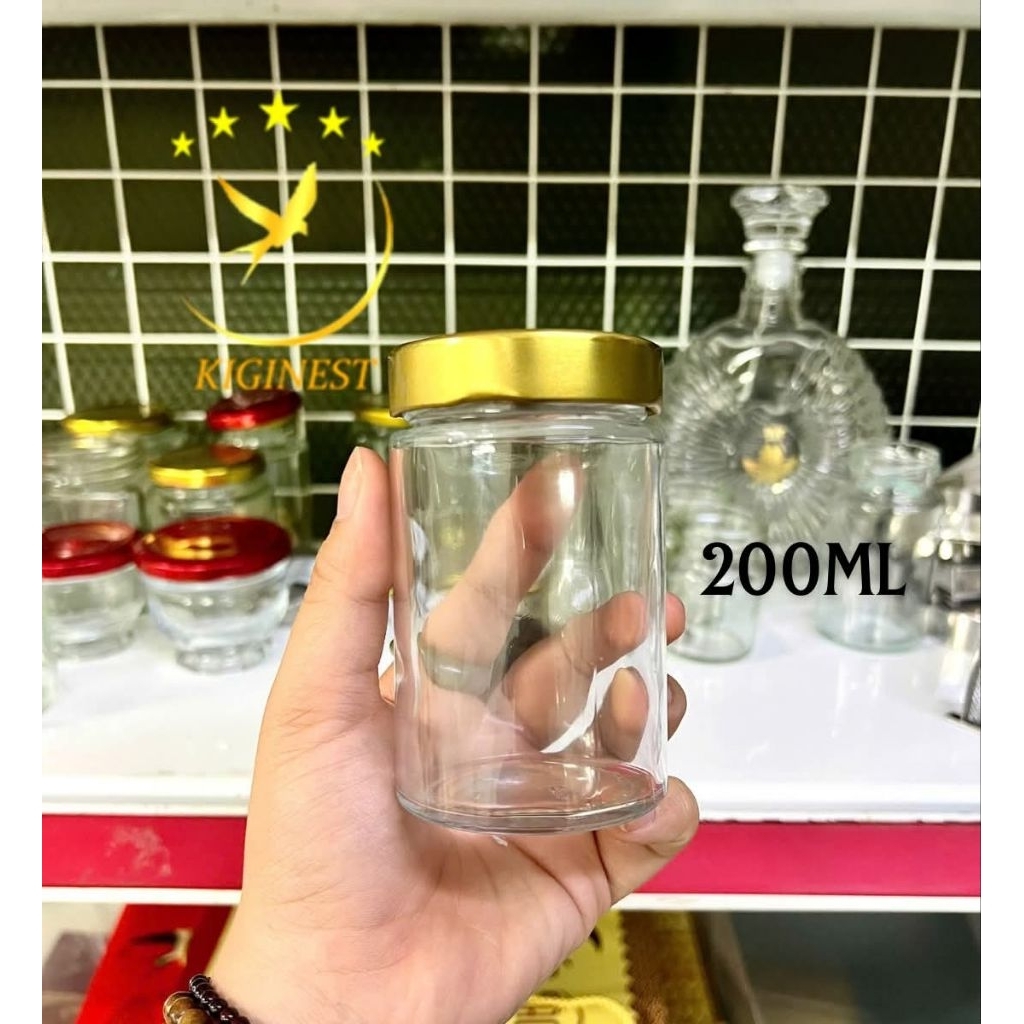 Set 5 Hũ Thủy Tinh Tròn 200ml + Nắp Thiếc Vàng