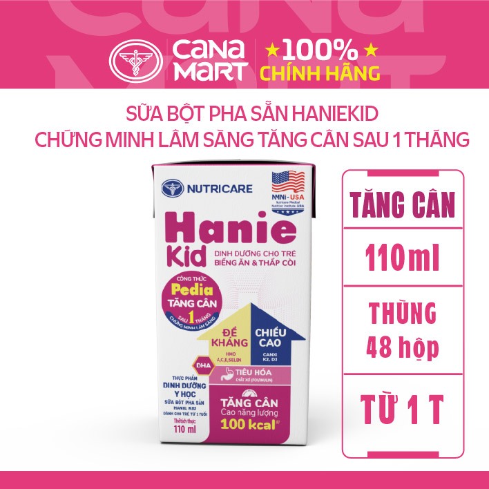 Thùng 48 hộp sữa bột pha sẵn Nutricare Hanie Kid cho trẻ biếng ăn suy dinh dưỡng (110ml)