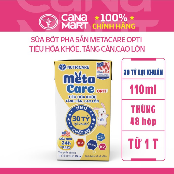 Thùng sữa bột pha sẵn Nutricare Metacare Opti tiêu hóa khỏe, tăng cân, cao lớn (110ml x 48 hộp)