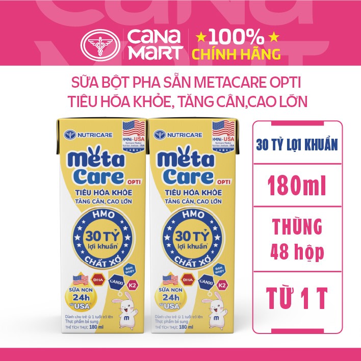 Thùng 48 hộp sữa bột pha sẵn Nutricare Metacare Opti tiêu hóa khỏe, tăng cân, cao lớn (180ml)
