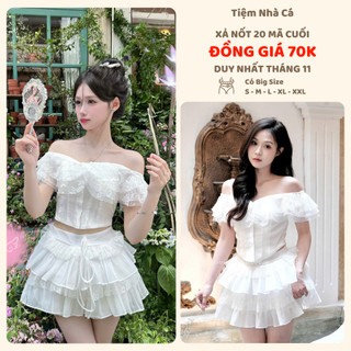  Váy trắng nữ bánh bèo tiểu thư trễ vai chân váy ngắn dài xòe mặc đi tiệc cafe sinh nhật  Rosalie set  Tiệm Nhà Cá 