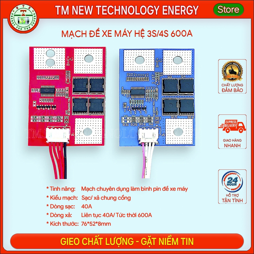 Mạch đề xe máy hệ 3s 4s 600A sạc xả chung cổng, phù hợp các loại xe tay ga, xe số trên thị trường