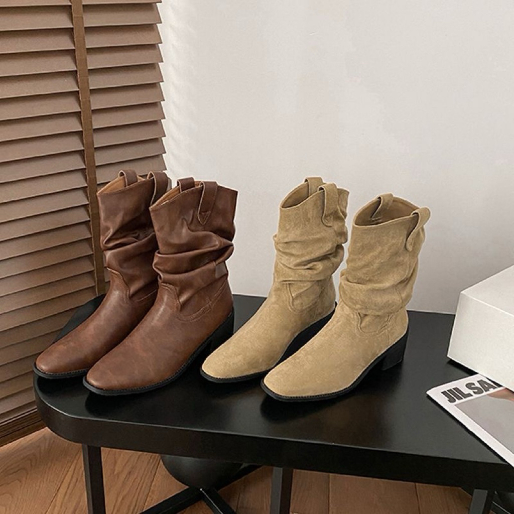 Giày boot nữ cao cổ mũi nhọn cổ nhún cao cấp style basic Hàn Quốc