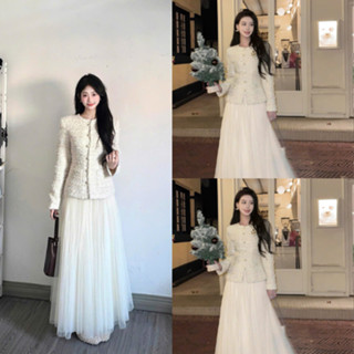  DAY CHIC -Set áo dạ trắng dáng ngắn phối chân váy voan xoè dài bồng bềnh 