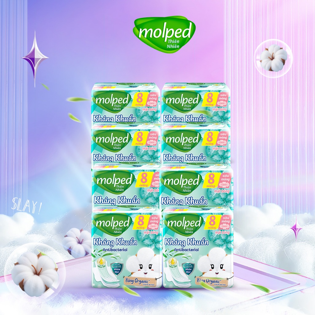   Tặng Thỏ Bông - Mua 2 Combo 8  Combo 8 gói Băng vệ sinh Molped thiên nhiên Kháng khuẩn Antibac Siêu mỏng có cánh 23cm 