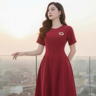 Đầm xòe dự tiệc dáng dài thiết kế ráp 8 mảnh tay con kèm charm phong cách tối giản sang trọng Callene (CC504)