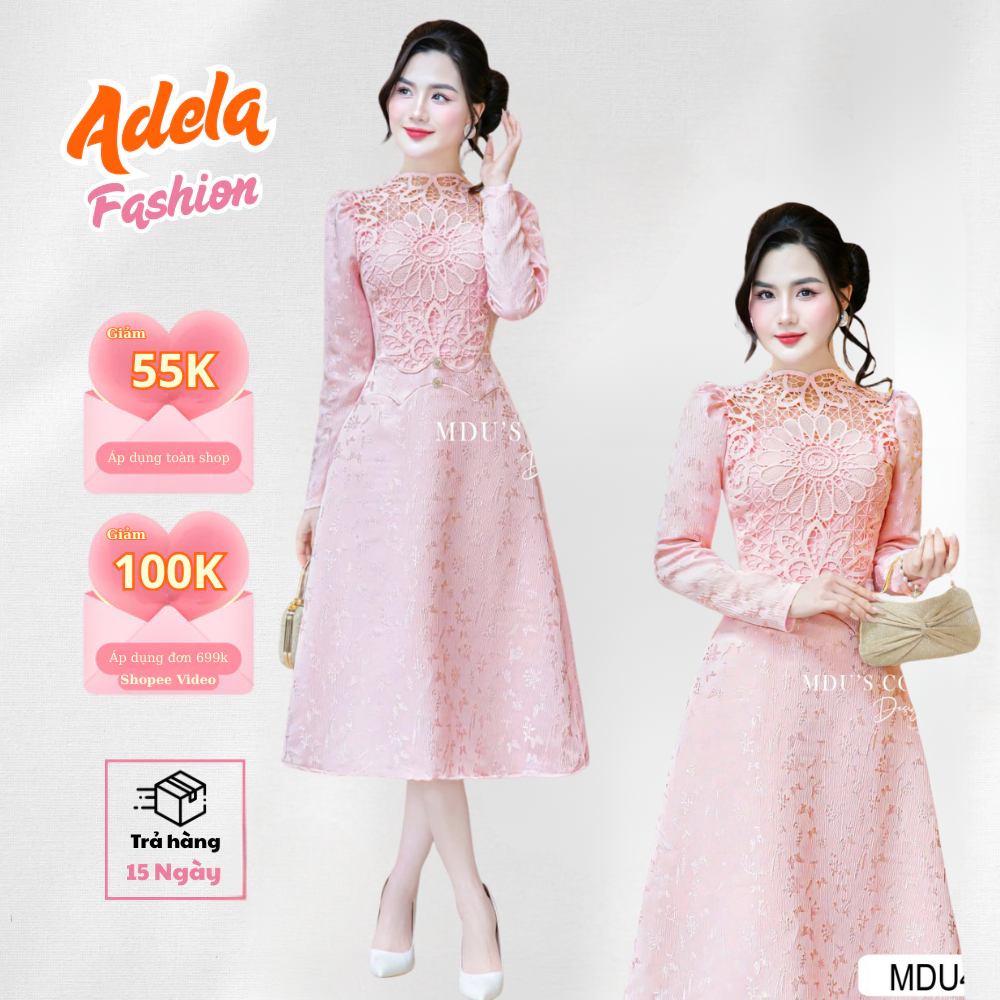 Váy Đi Sự Kiện Cổ Cao Thanh Lịch Cùng Dáng Váy Xòe Nhẹ Chất Gấm Milan MDU4624| ADELA SHOP