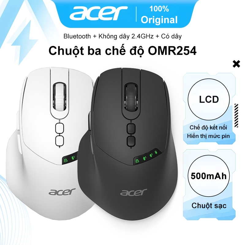 Chuột Gaming Không Dây Acer OMR254 | Bluetooth + 2,4 GHz + Có dây | Màn hình hiển thị thông minh