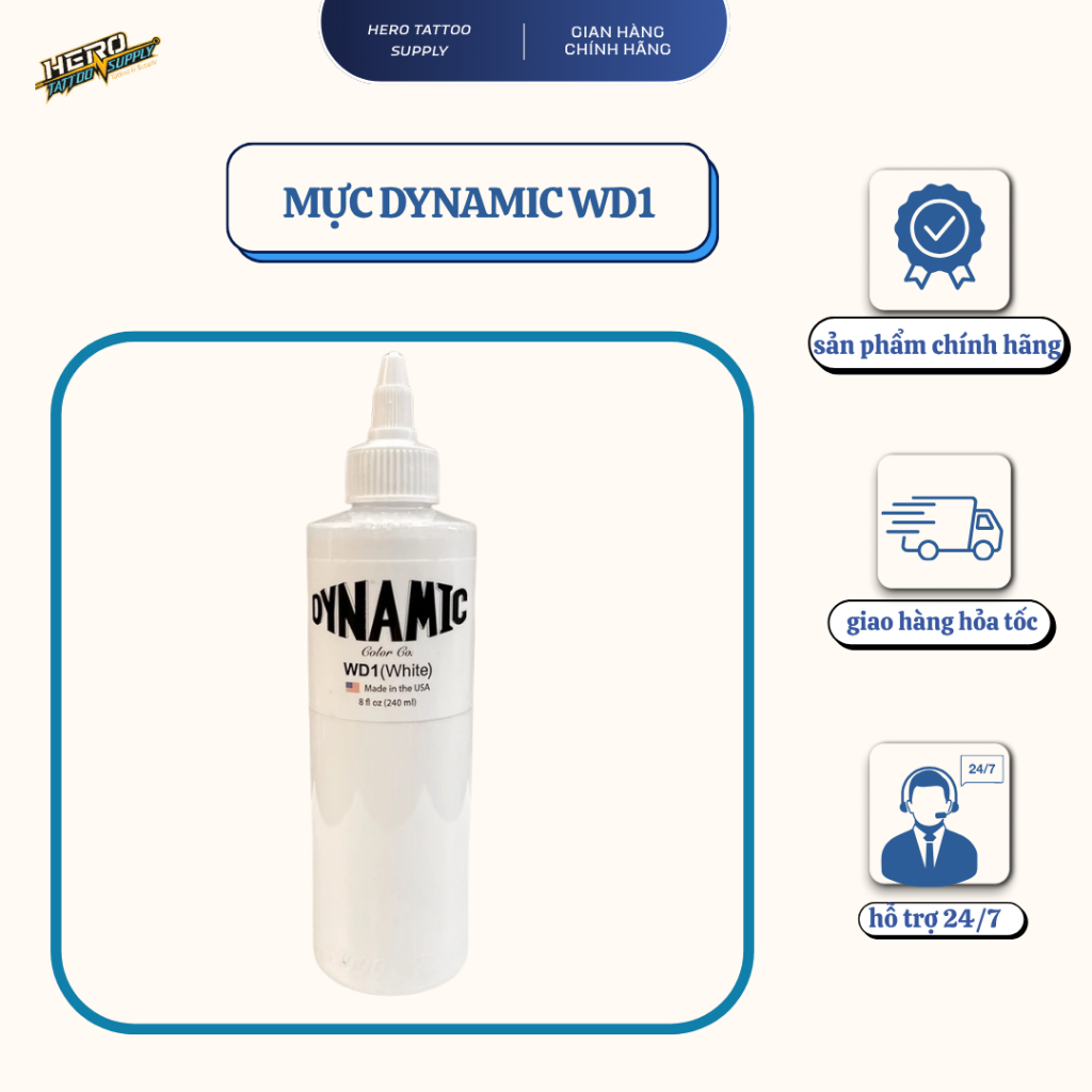 Mực xăm trắng Dynamic WD1 white chính hãng, Mực xăm tattoo WD1 Dynamic chuyên nhấn trắng chuyển tông