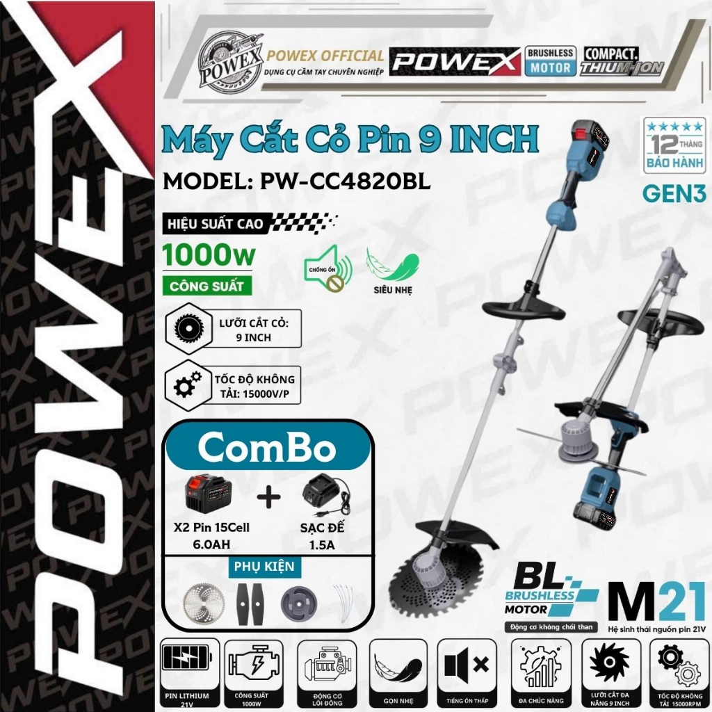 Máy cắt cỏ POWEX PW-CC4820BL – 9 inch, 1000W siêu khỏe, BL Motor, không tải 15000 V/P, hiệu suất cao