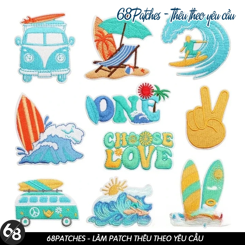 Patch vải ủi nhiệt wappen thêu hình bãi biển sea | sóng | mùa hè D87