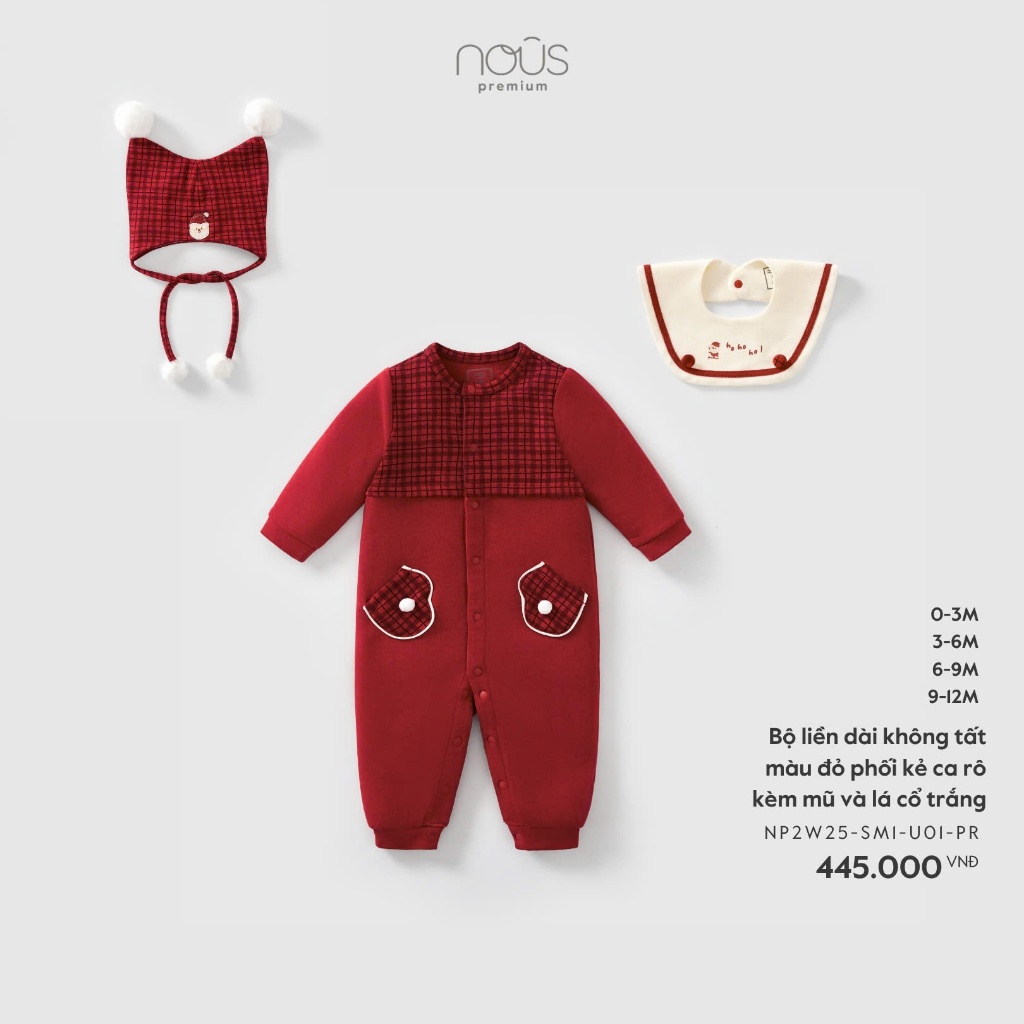 [Nous] (0M-12M) Noel 2025 Bộ liền dài không tất màu đỏ Nous phối kẻ ca rô kèm mũ và lá cổ trắng