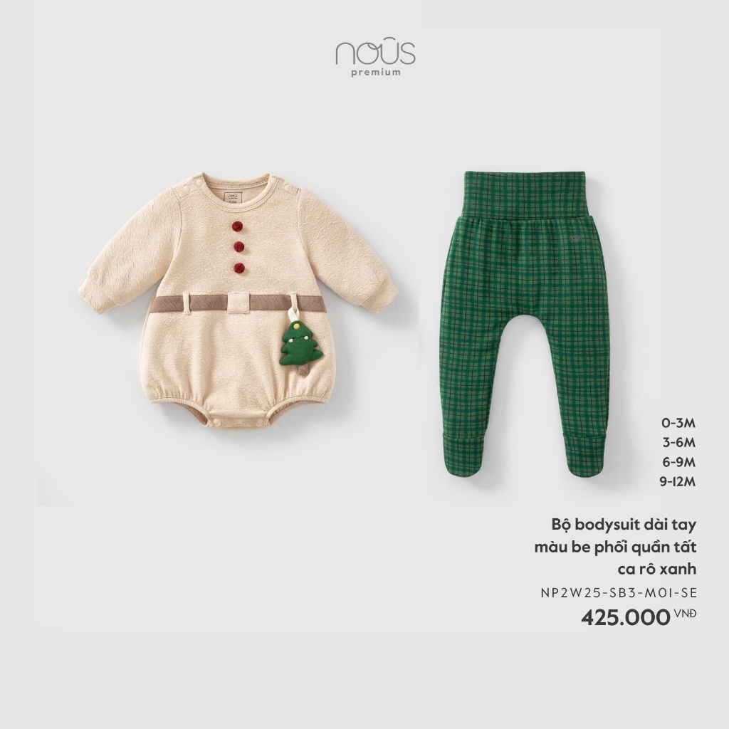[Nous] (0M-12M) Bộ bodysuit Nous dài tay màu be phối quần tất ca rô xanh Noel 2025