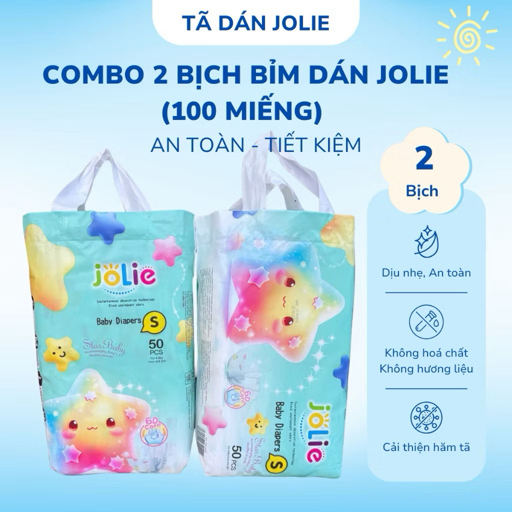 combo 100 Miếng Bỉm dán / tã dán Jolie mỏng nhẹ cho bé
